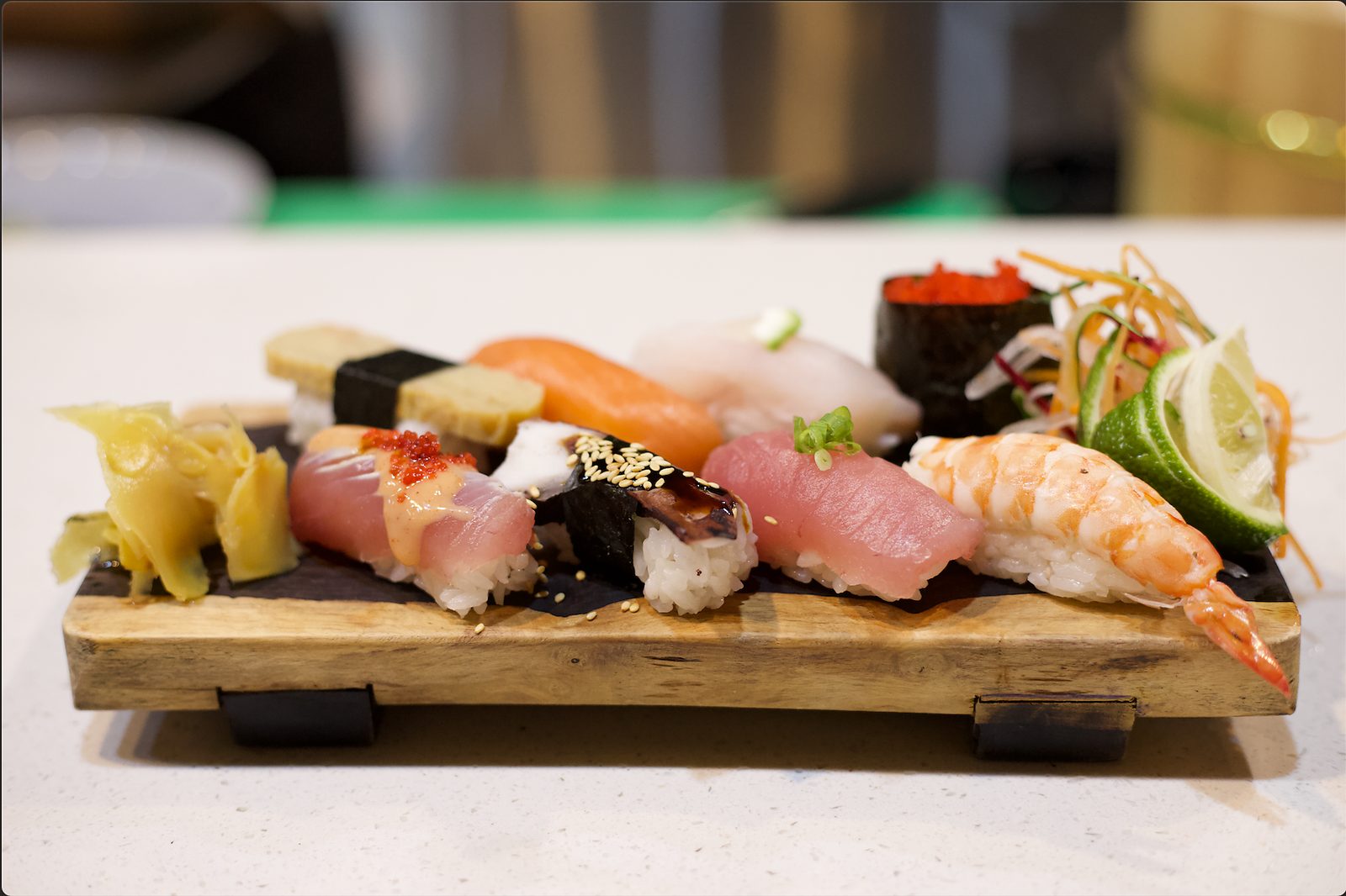 Nigiri moriawase — an assortment of nigiri sushi on a wooden board